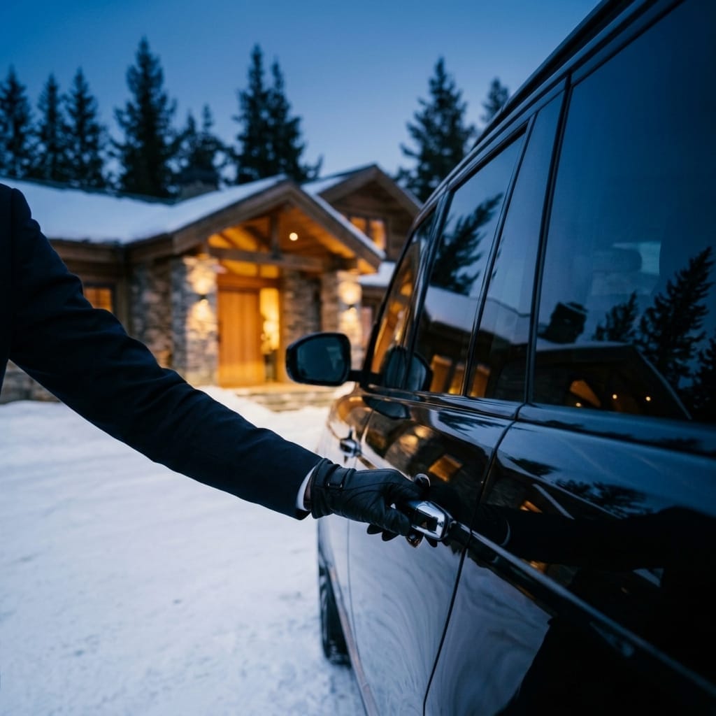 Driver opening the rear door at an alpine chalet at dusk.